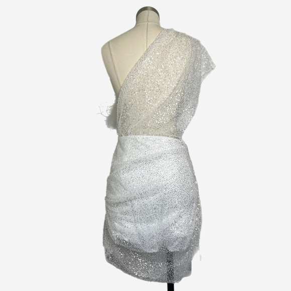 Par Violet NWT End Scene Feather Silver Sequin Dress sheer bridal stretchy sz XL - Picture 6 of 16